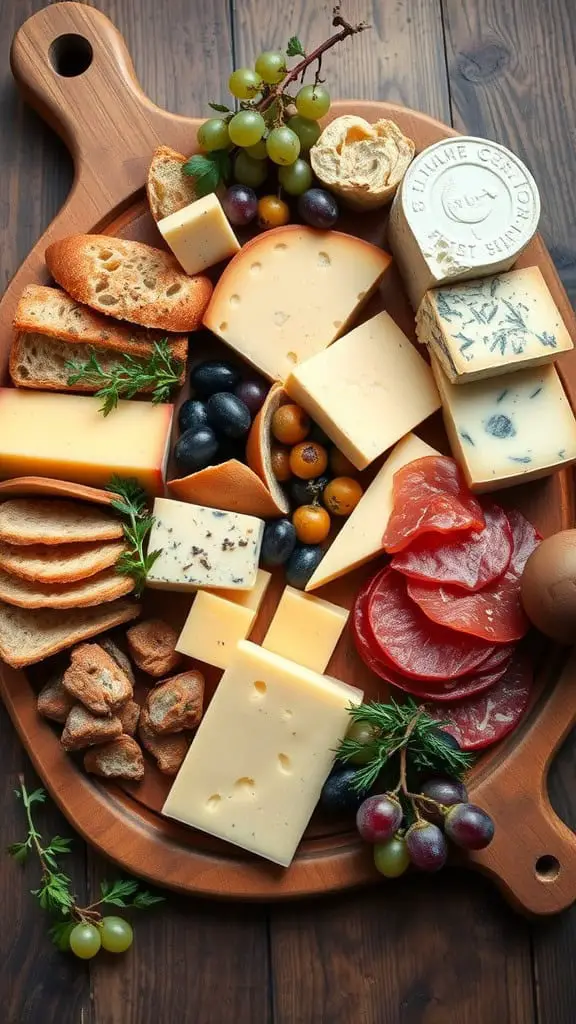 An arranged rustic cheese and bread sampler on a wooden board featuring various cheeses, breads, fruits, and meats.