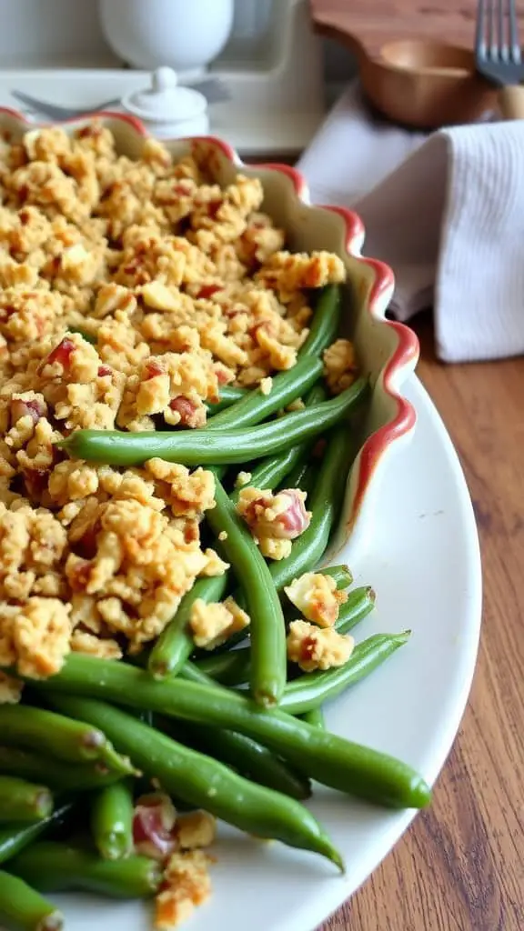 A serving of Rustic Green Bean Casserole with green beans and a crispy topping.