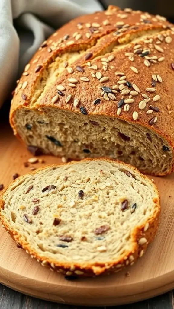 Rustic multigrain Dutch oven bread with seeds on top, sliced to show the inside texture.