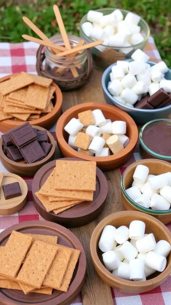 A rustic s'mores dessert spread featuring graham crackers, marshmallows, and chocolate in various bowls