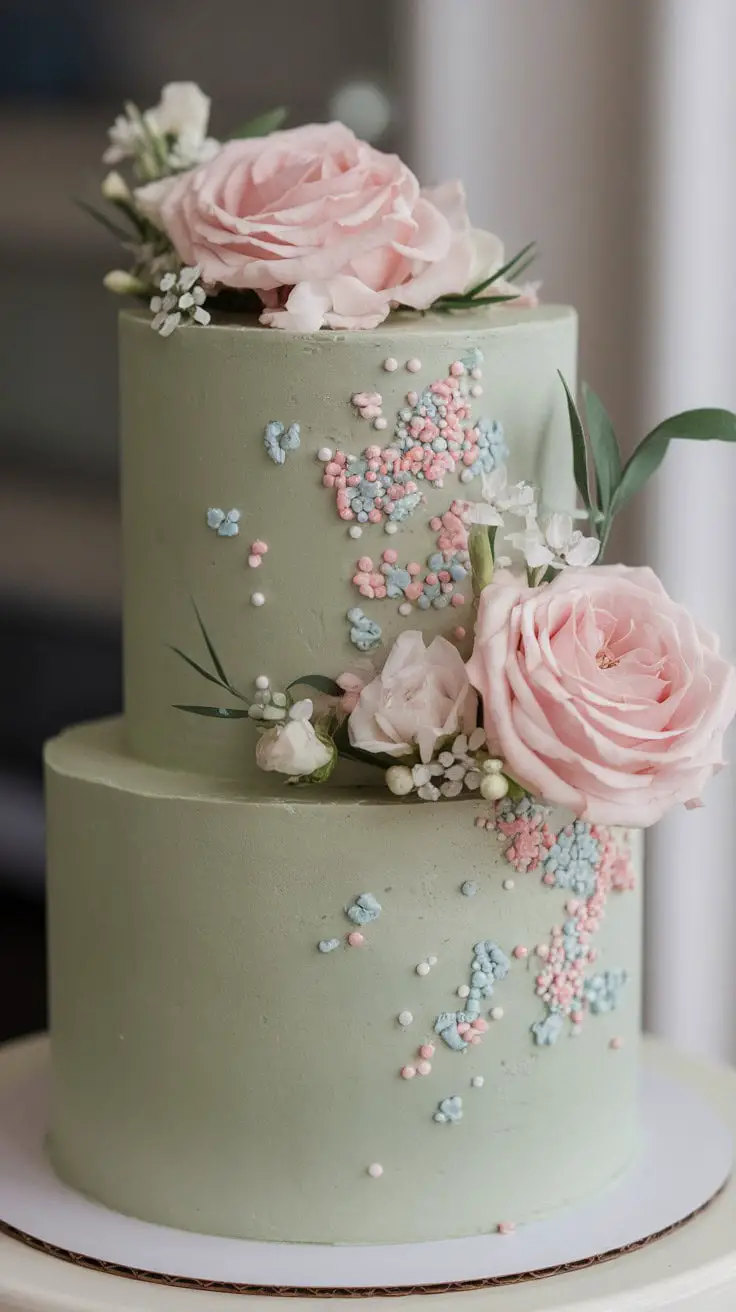 A two-tiered sage green baby shower cake adorned with pink and blue sprinkles and roses.