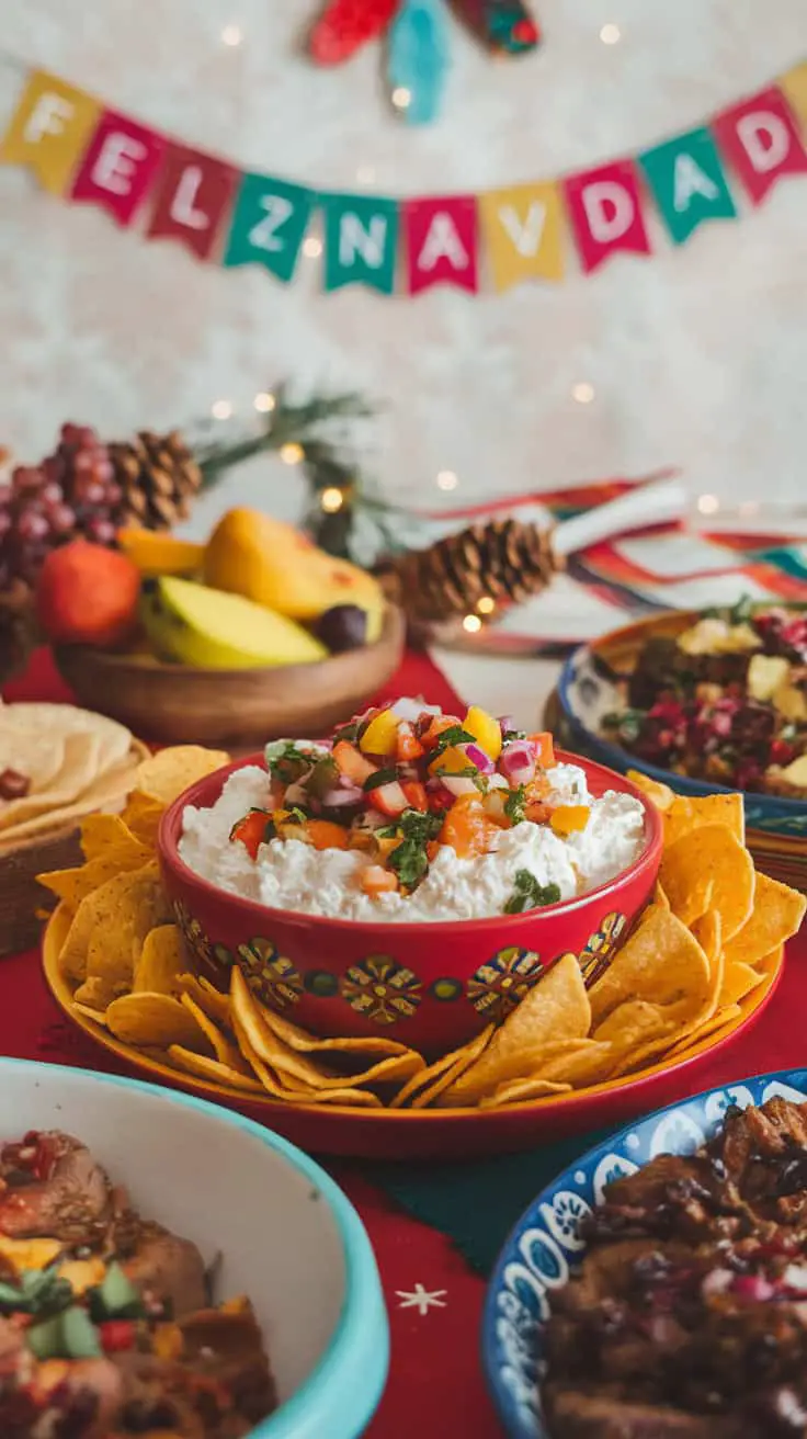 A festive spread featuring a bowl of salsa surrounded by tortilla chips, fruits, and a colorful banner that says 'FELIZ NAVIDAD'.