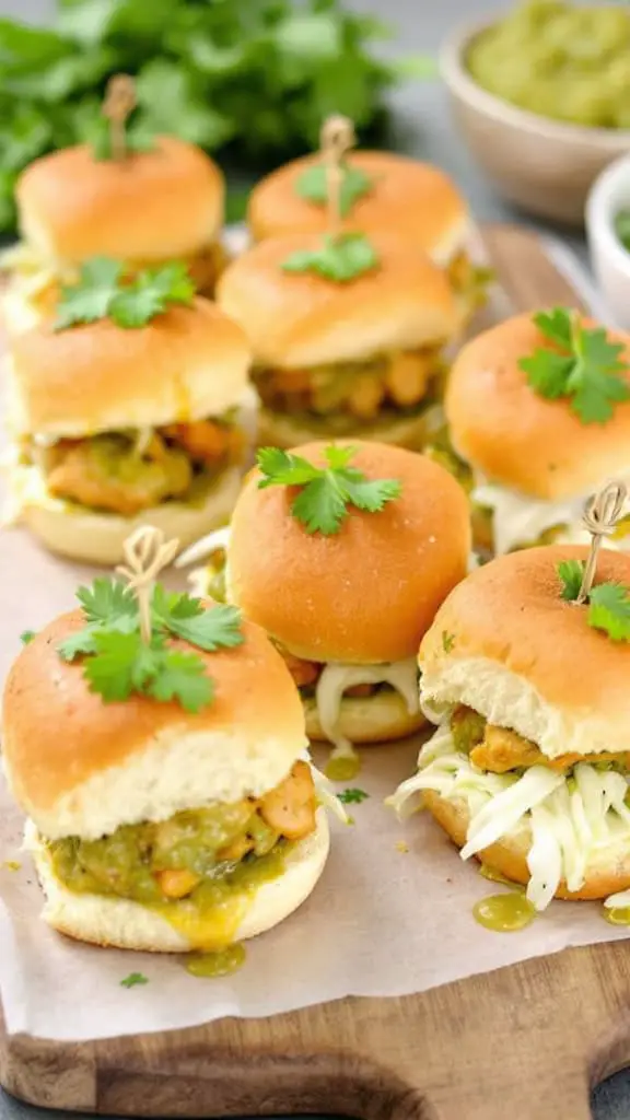 Delicious salsa verde chicken sliders garnished with cilantro