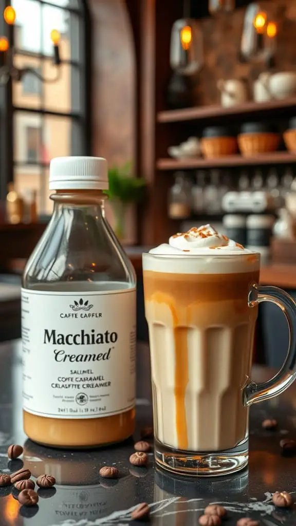 A glass of salted caramel macchiato coffee creamer with whipped cream on top, next to a bottle of macchiato creamer and scattered coffee beans.