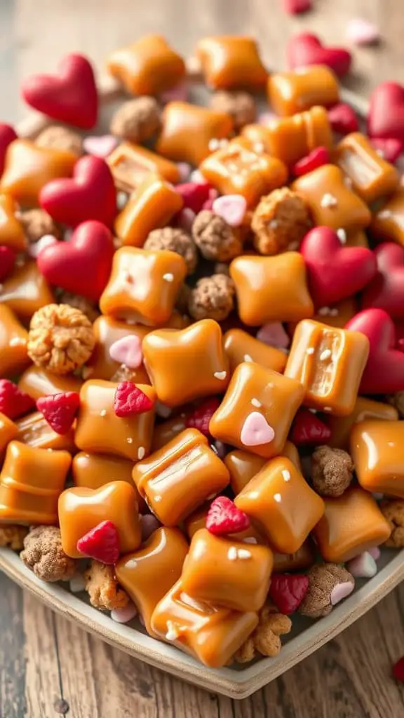 A colorful bowl filled with salted caramel snack mix, featuring caramel pieces, heart-shaped candies, and crunchy bits.