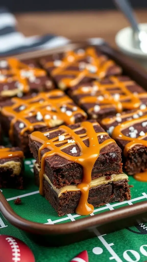 A tray of salted caramel swirl brownies drizzled with caramel, placed on a football-themed tablecloth.