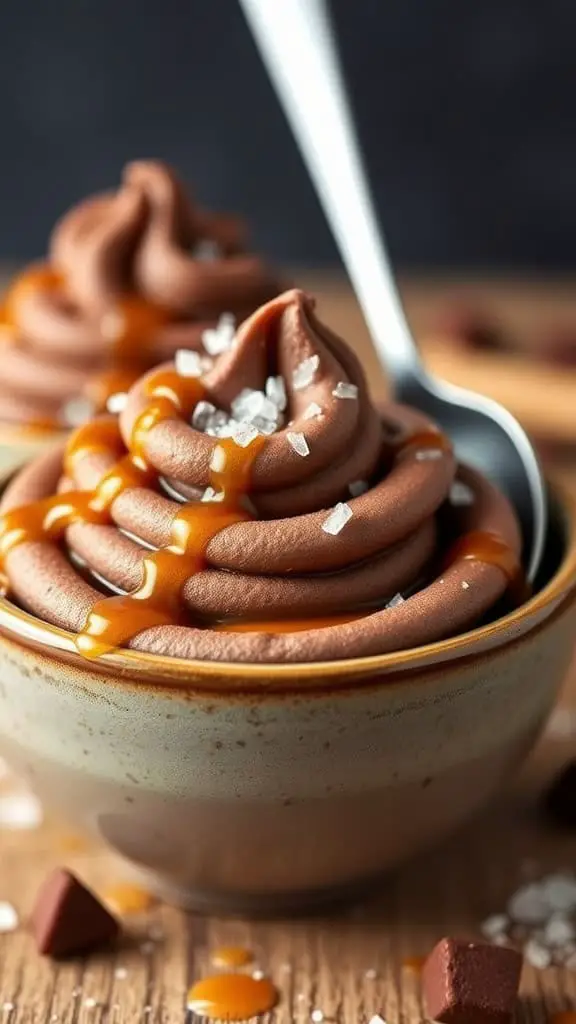 A bowl of salted coffee chocolate mousse topped with caramel and sea salt