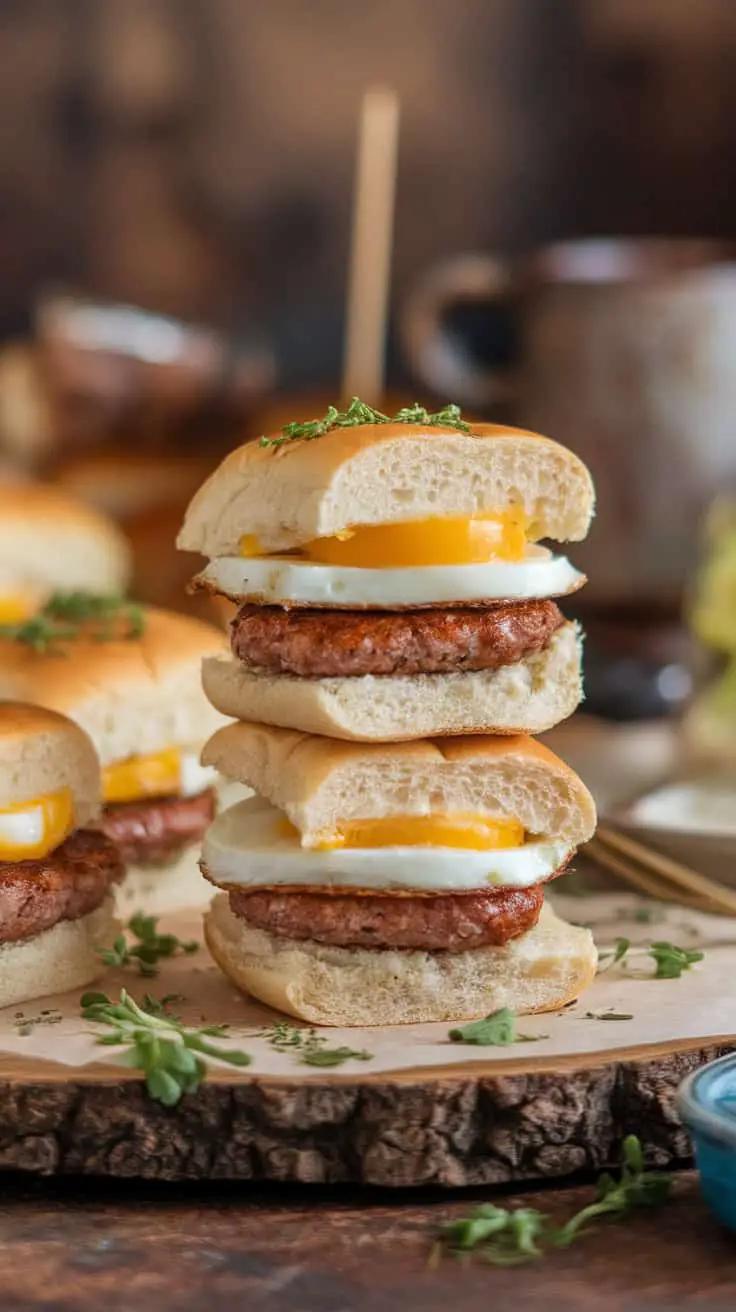 A stack of sausage and egg breakfast sliders on a wooden board, garnished with herbs.