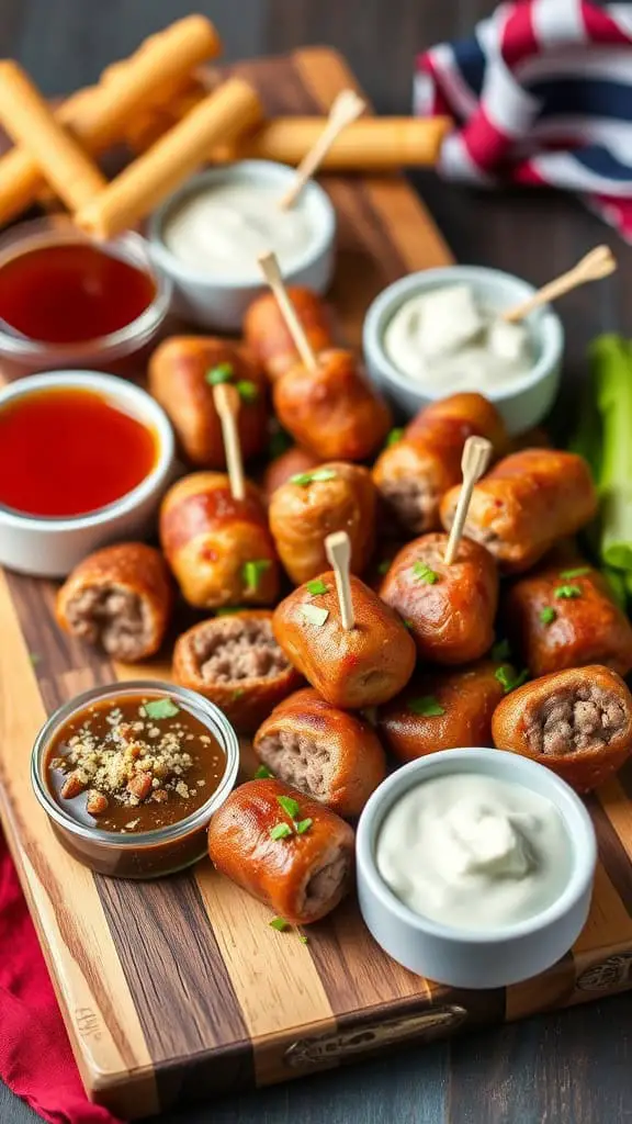 A wooden platter filled with sausage bites, dipping sauces, and snacks, perfect for a football party.