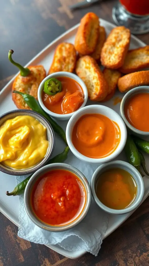 A savory and spicy taster platter featuring crispy bread pieces and various sauces in small bowls.