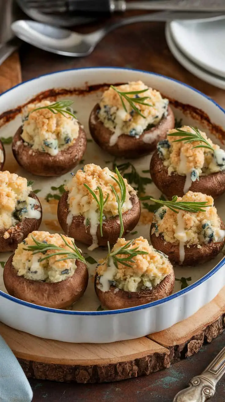 A dish of blue cheese stuffed mushrooms topped with herbs, arranged neatly in a baking dish.