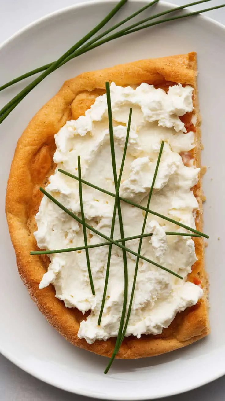 A slice of Cottage Cheese and Chive Flatbread topped with fresh chives on a white plate.
