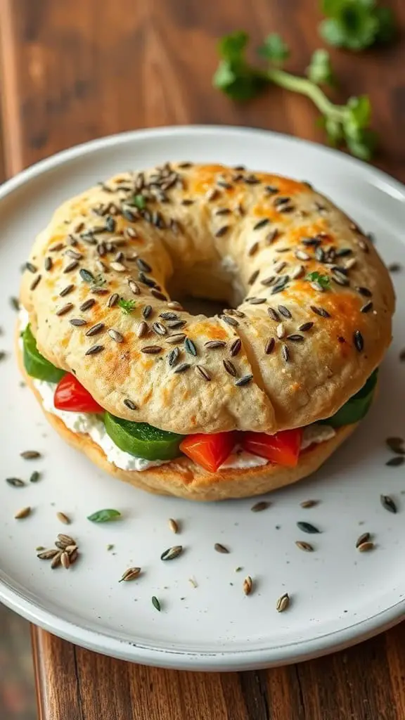 A savory bagel sandwich filled with cottage cheese, sliced tomatoes, and green peppers, topped with seeds, placed on a white plate.