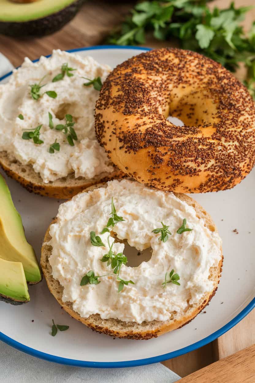 Savory cottage cheese bagels topped with herbs and served with avocado slices