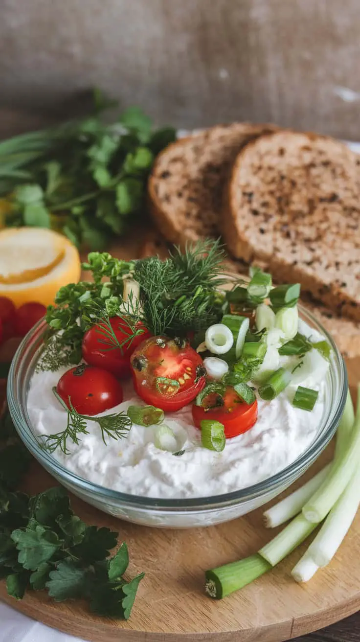 A bowl of savory cottage cheese topped with cherry tomatoes, green onions, and herbs, accompanied by slices of whole grain bread.