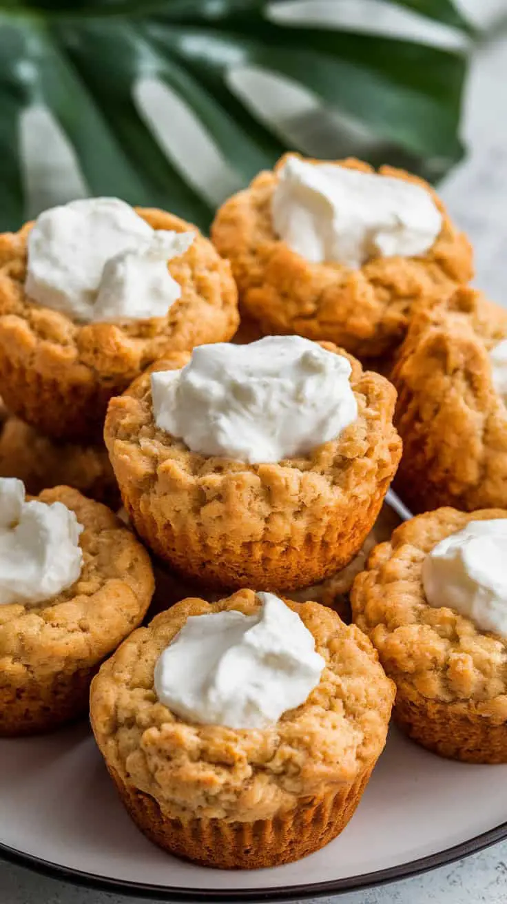 Savory cottage cheese muffins on a plate, topped with creamy dollops.