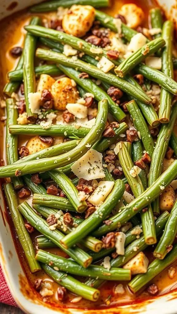 A savory green bean bake with green beans, nuts, and creamy toppings.