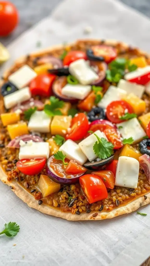 A colorful lentil flatbread pizza topped with fresh vegetables and cheese.