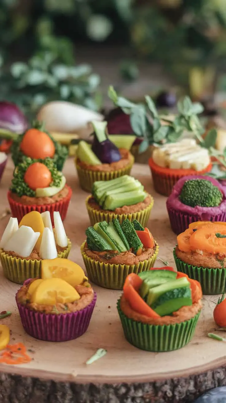 Savory mini muffins topped with colorful vegetables