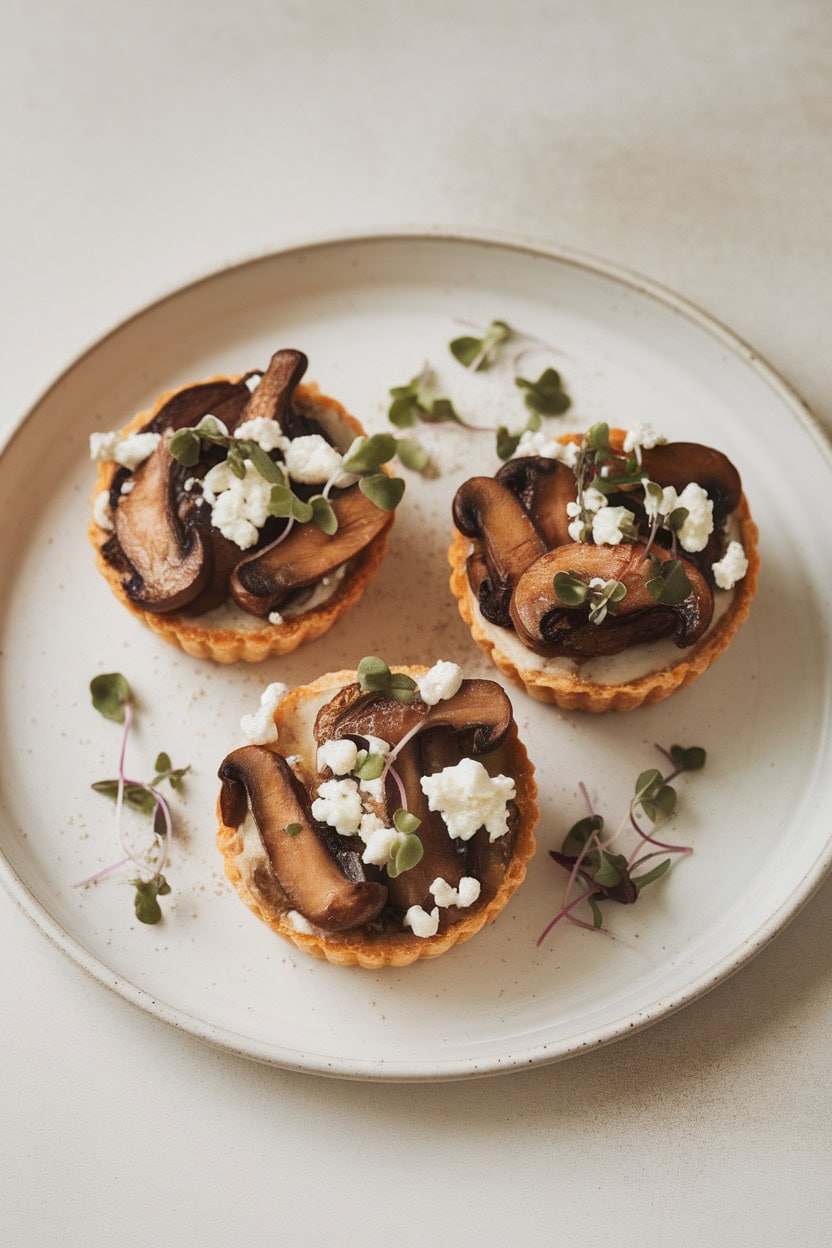 Savory mushroom and goat cheese tartlets on a plate, garnished with microgreens.