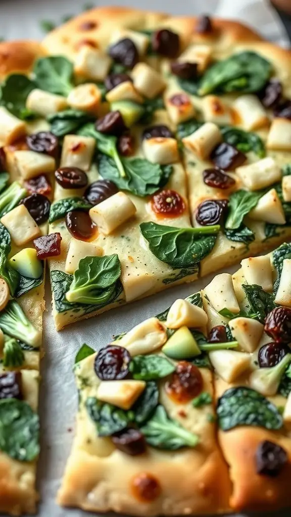 Savory spinach artichoke flatbread topped with spinach, cheese, and sun-dried tomatoes.