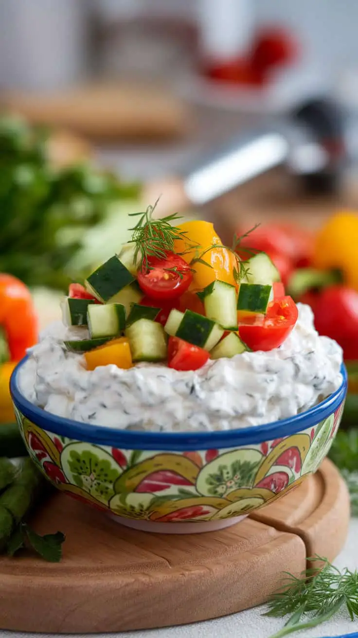 A colorful dip topped with diced cucumbers, tomatoes, and bell peppers in a decorative bowl.