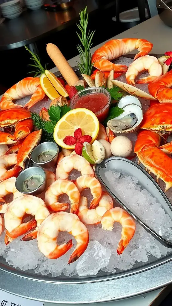 A beautifully arranged seafood lover's platter featuring shrimp, crab legs, oysters, lemon wedges, and cocktail sauce.