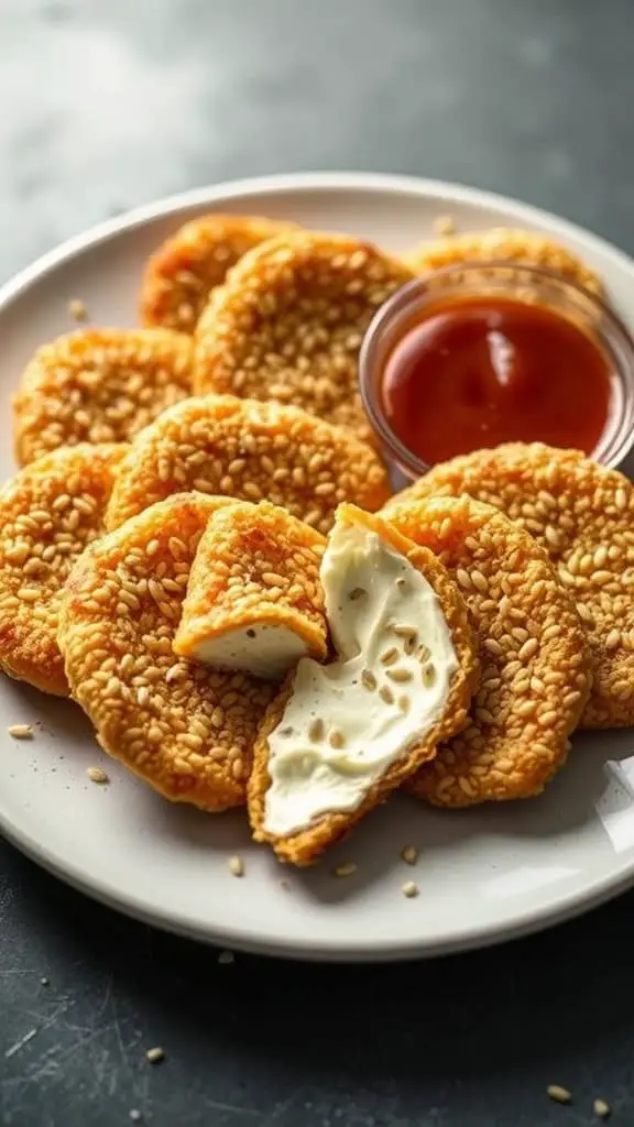 Plate of sesame-crusted fried cottage cheese with a soy dipping sauce.