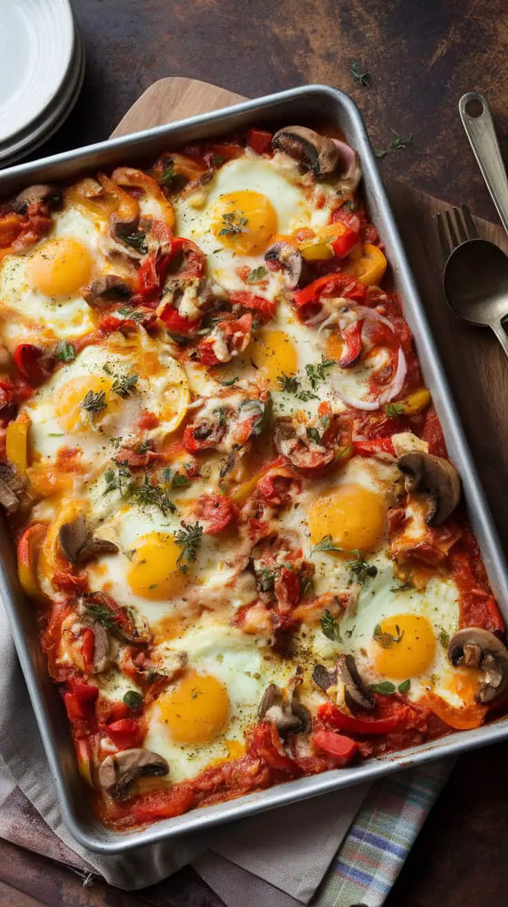 A sheet pan filled with baked eggs, veggies, and cheese, perfect for serving a crowd.