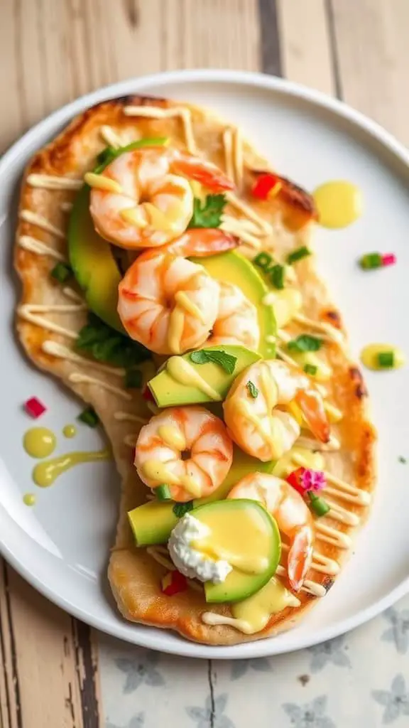 Shrimp and avocado flatbread topped with vegetables and lemon dressing