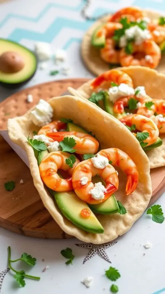 Shrimp and avocado Greek-style pita tacos with cilantro and feta cheese, served on a wooden board.