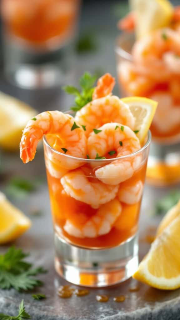 A close-up of shrimp cocktail shooters with shrimp, cocktail sauce, and lemon slices.