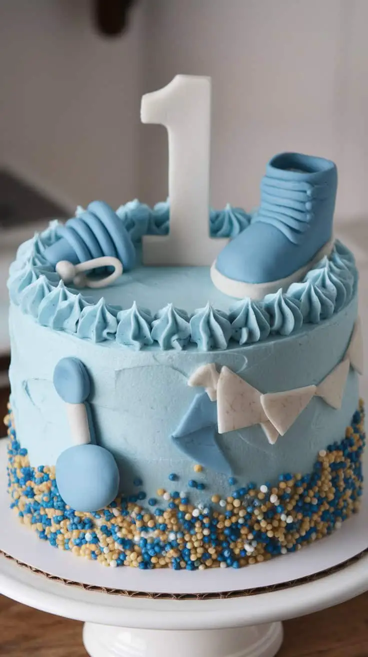 A beautifully decorated blue cake for a boy baby shower with a number one on top and baby-themed decorations.