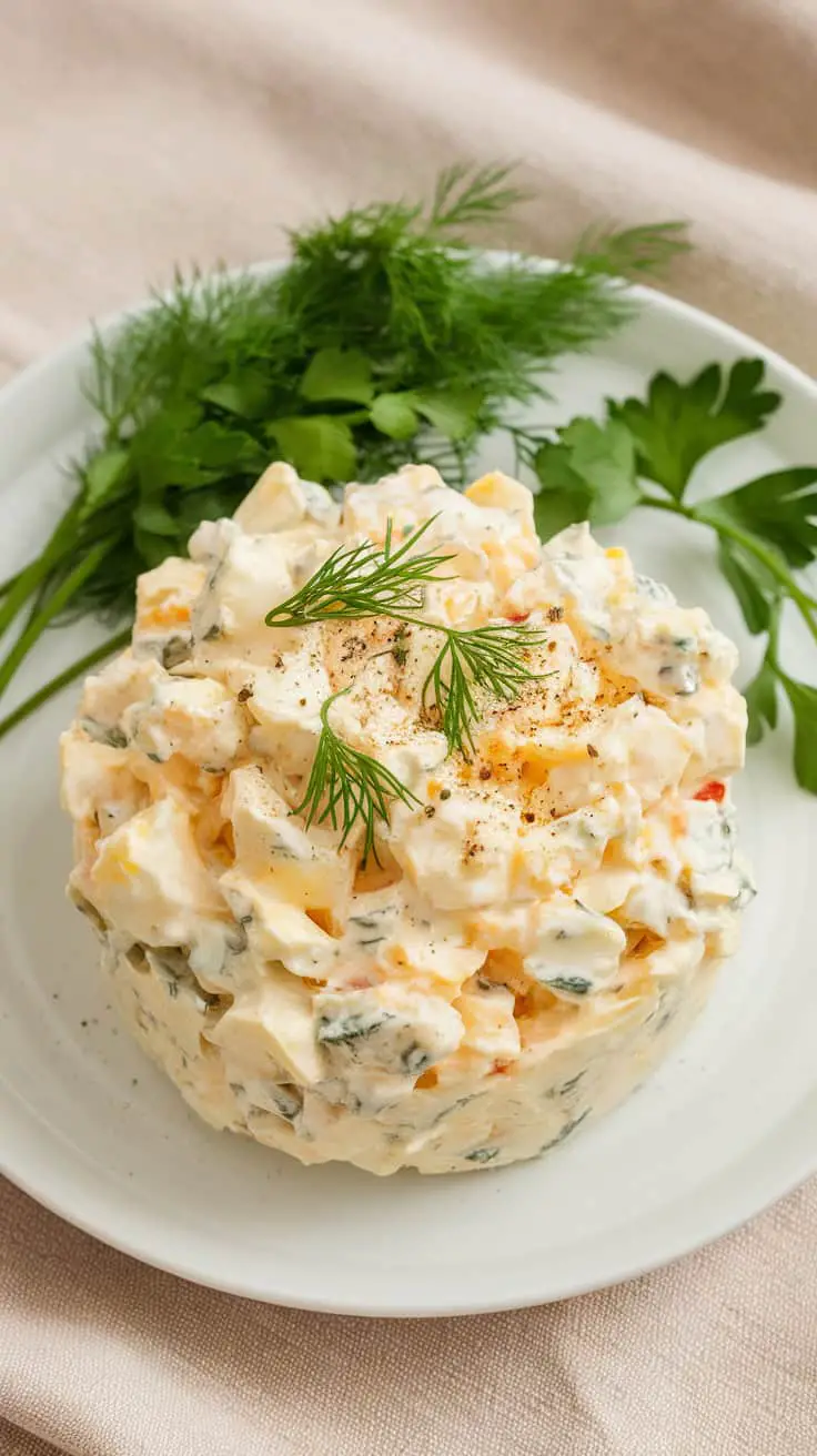A delicious cottage cheese egg salad garnished with fresh herbs on a plate.