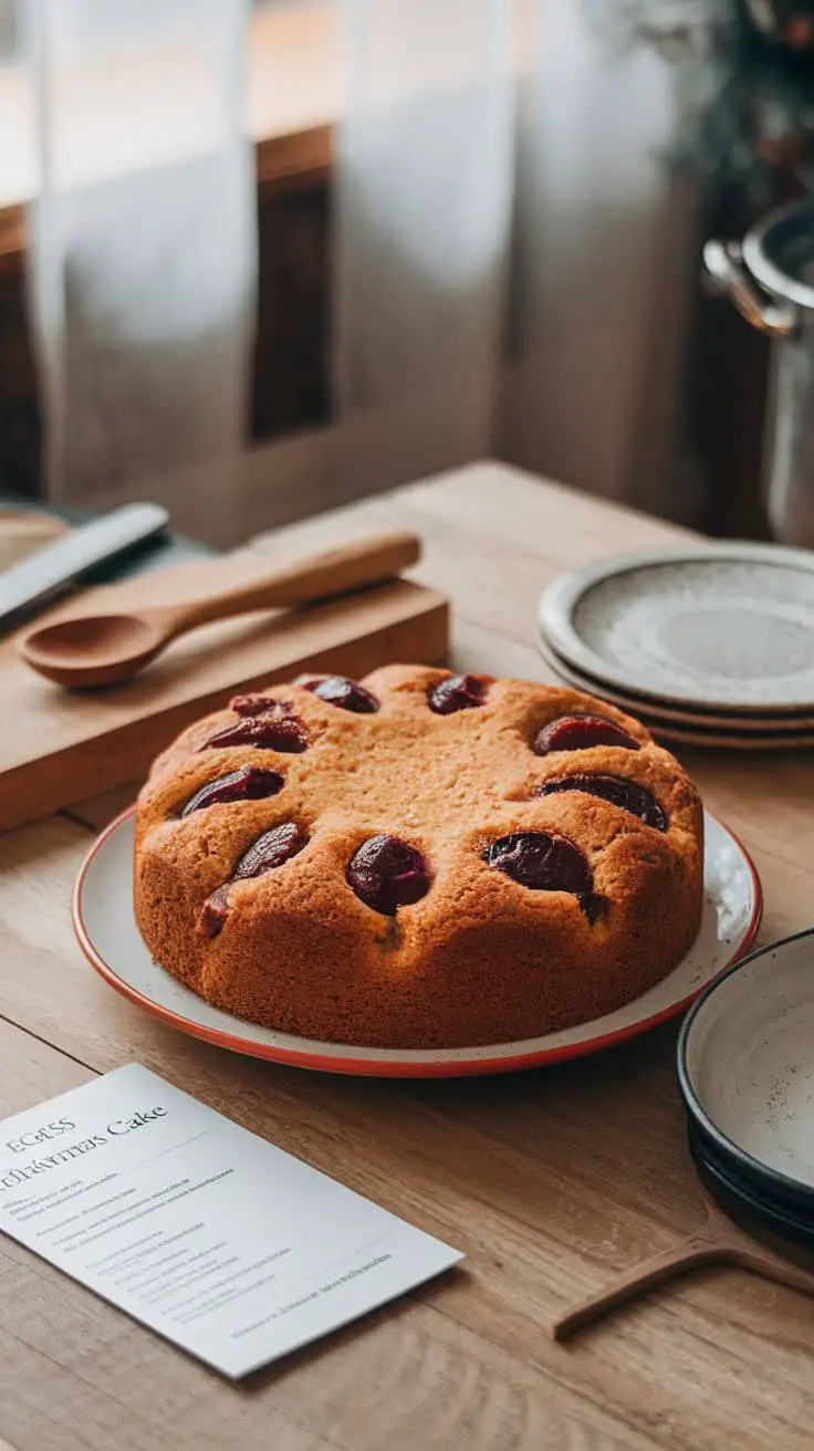 A freshly baked eggless Christmas plum cake with a golden crust and dark fruit toppings, placed on a rustic wooden table.