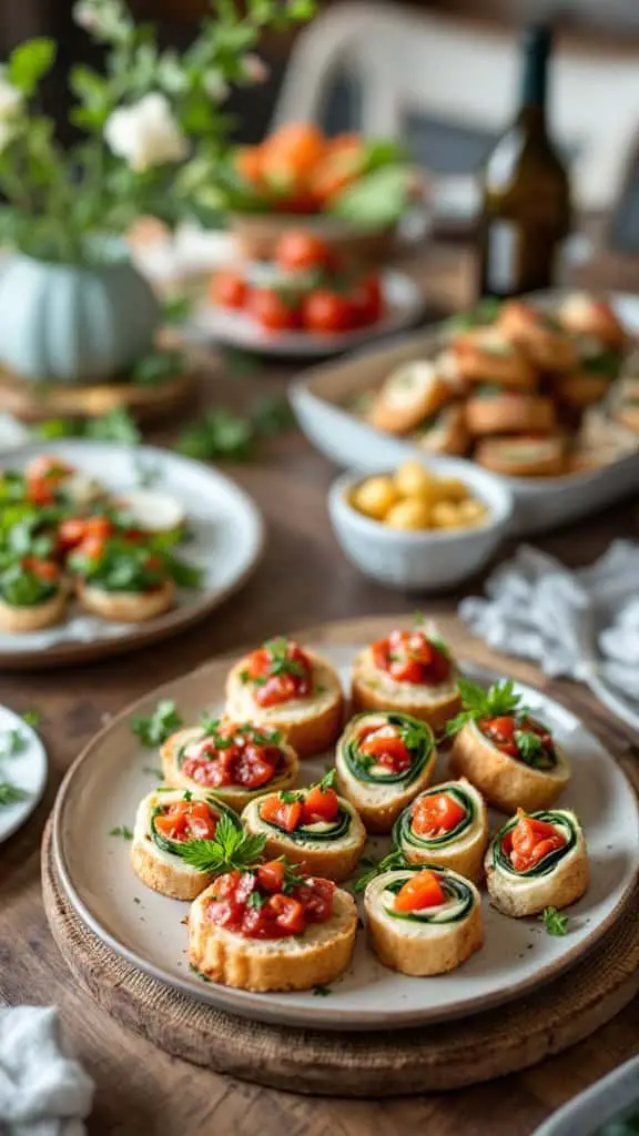 An assortment of gluten-free appetizers including rolls and topped bread on a wooden platter.