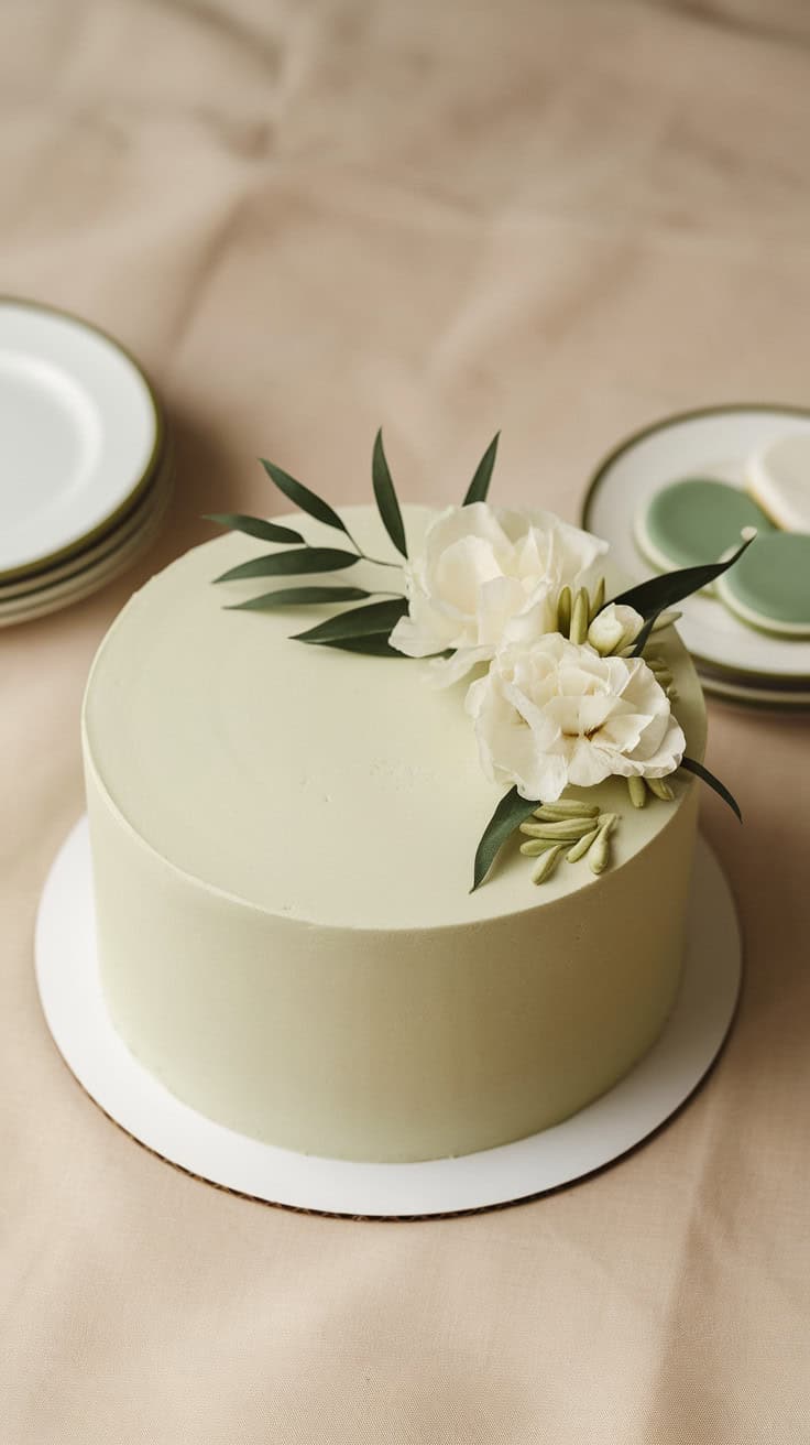 A simple sage green cake decorated with white flowers and greenery on a neutral table setting.