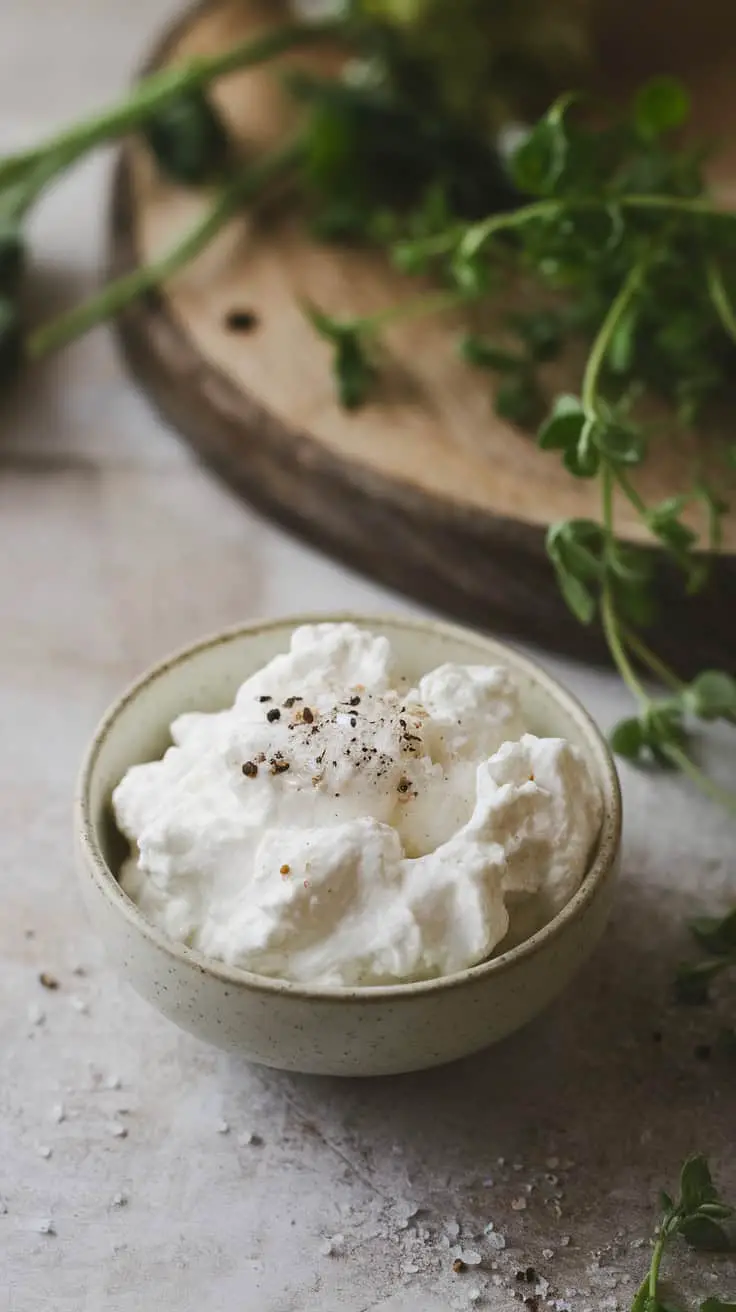 A bowl of creamy dish topped with salt and cracked black pepper, surrounded by fresh herbs.