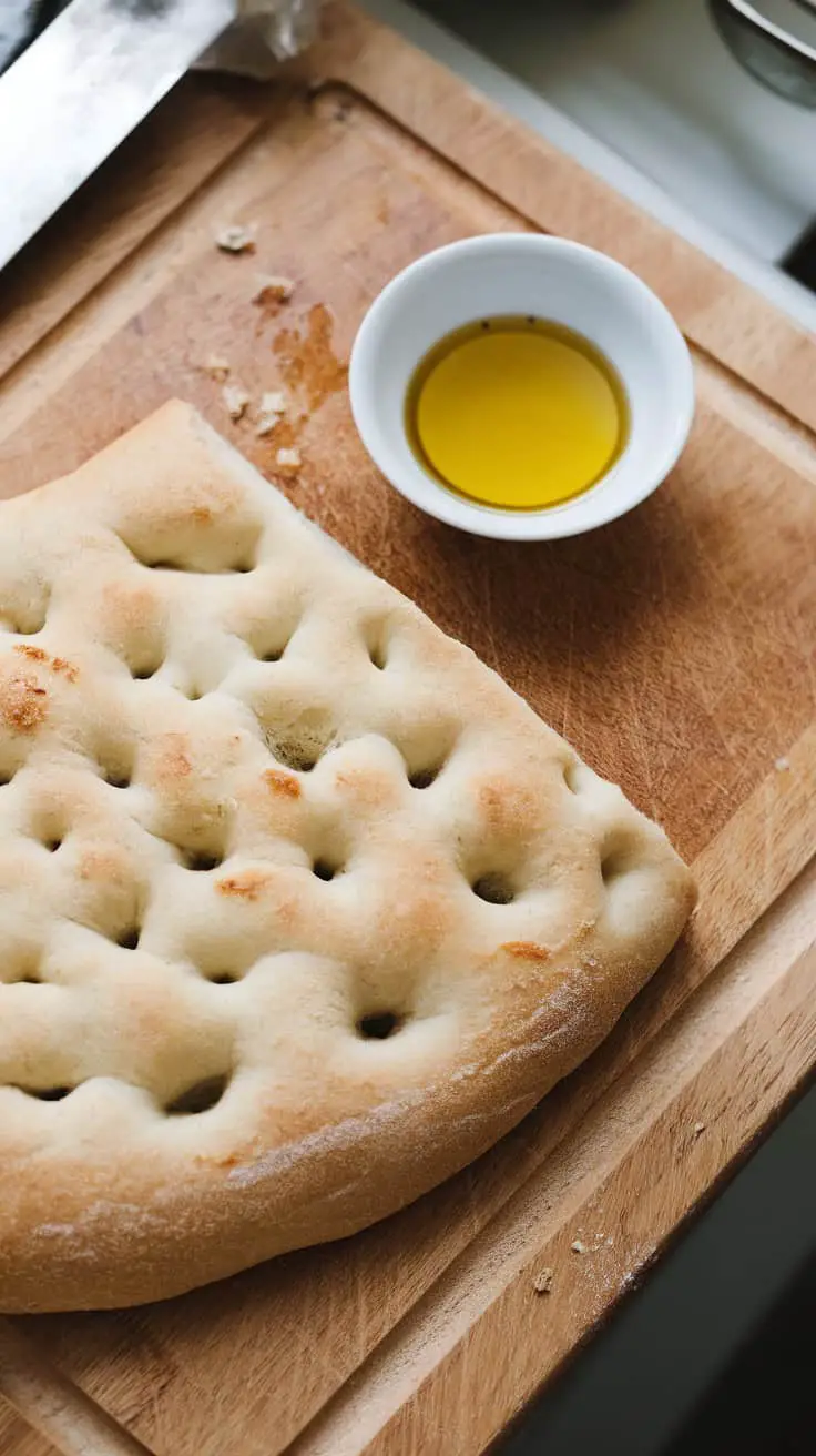 Homemade sourdough starter flatbread on a wooden cutting board with olive oil in a small bowl.