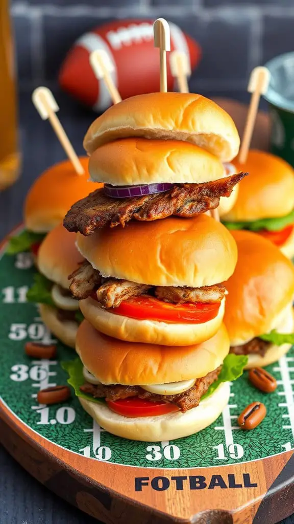 A stack of sliders on a football-themed serving board, with a football in the background.