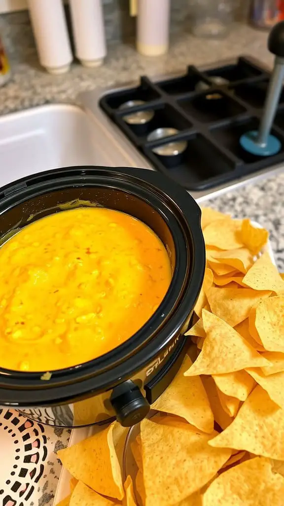 A slow cooker filled with cheesy corn dip surrounded by tortilla chips.