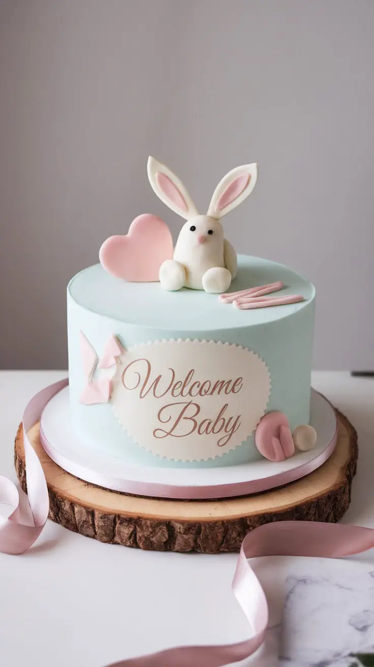 A small, pastel blue cake with a bunny decoration, heart, and 'Welcome Baby' message.