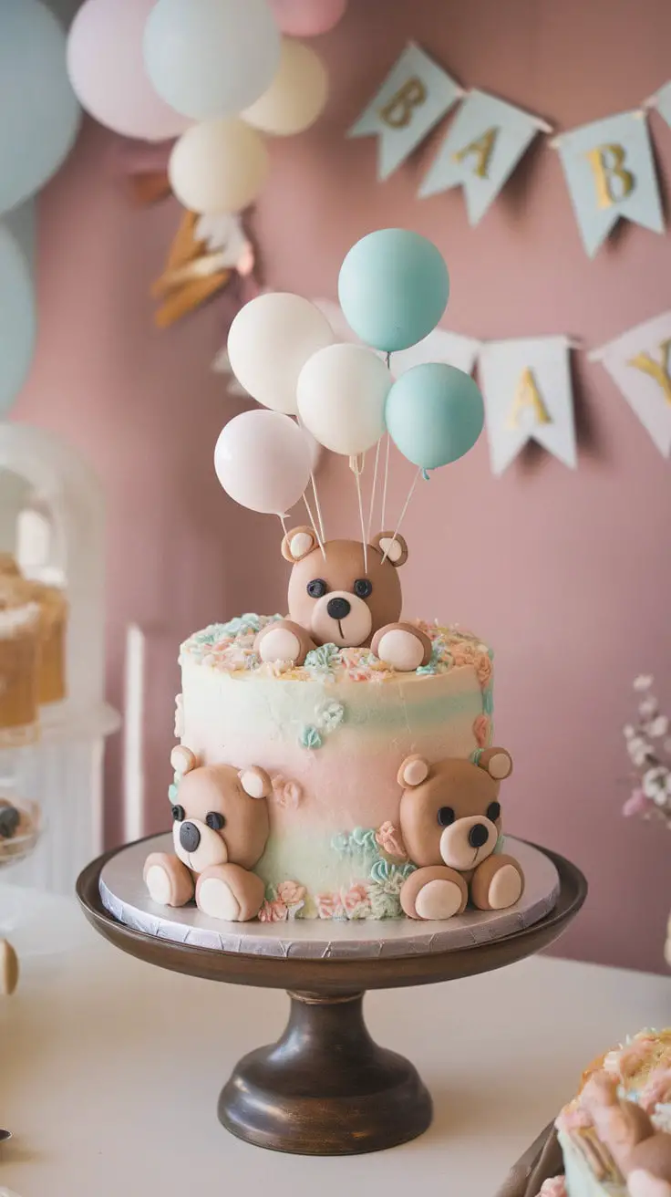 A small baby shower cake decorated with teddy bears and pastel balloons.