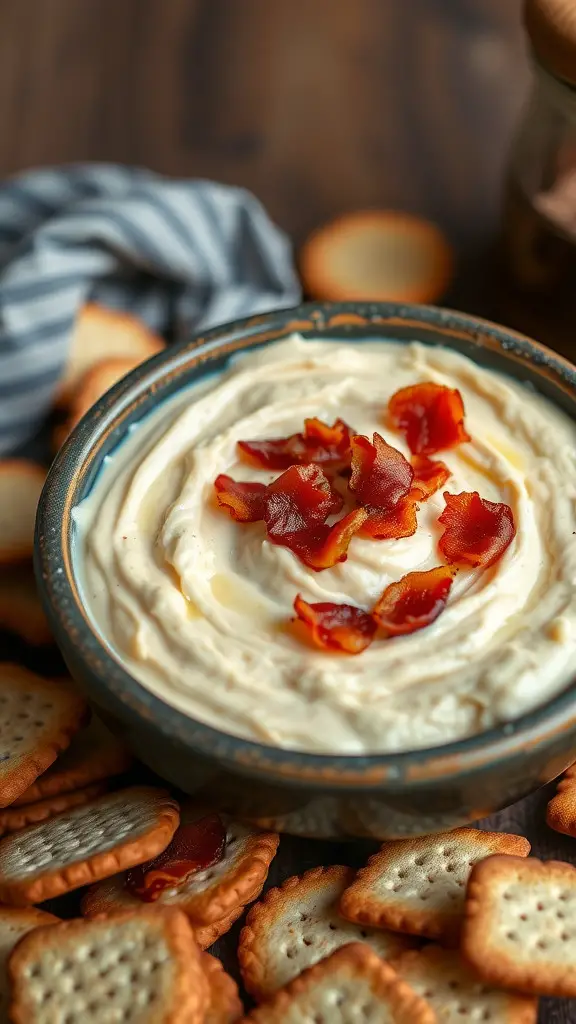 Bowl of smoked Gouda and bacon dip topped with crispy bacon, surrounded by crackers.