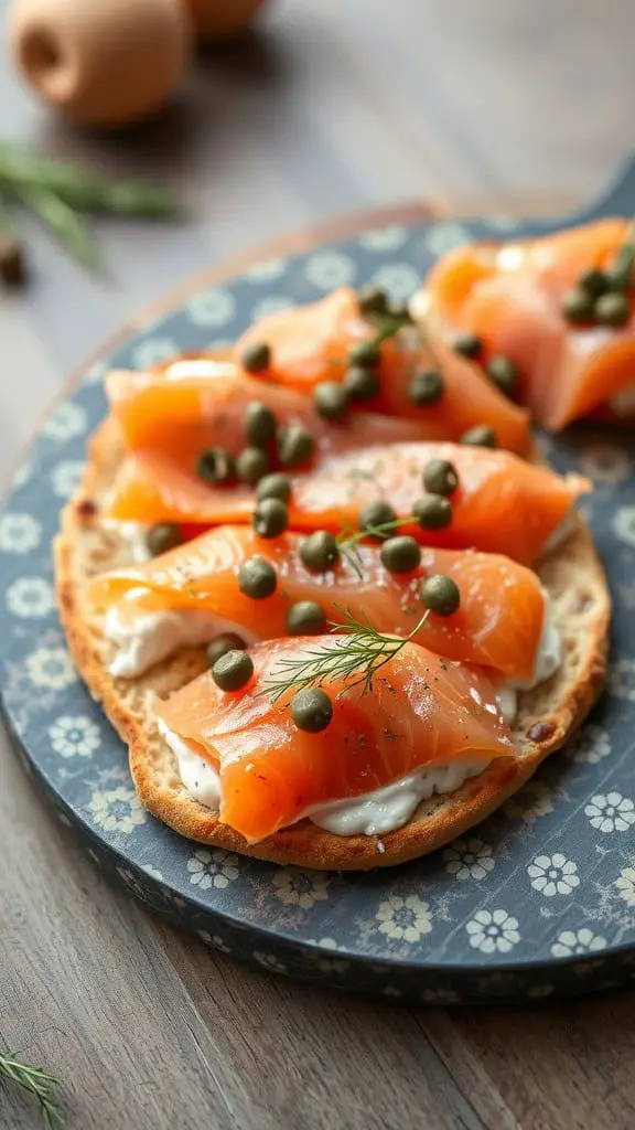 A smoked salmon and dill flatbread topped with capers on a decorative plate