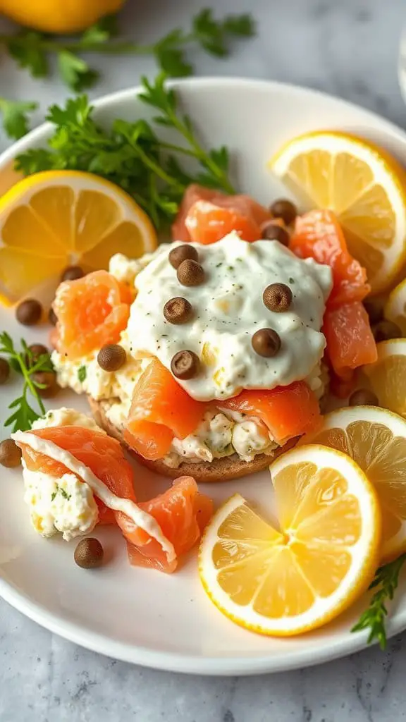A rustic egg salad mixed with smoked salmon, served on a wooden board with fresh greens.