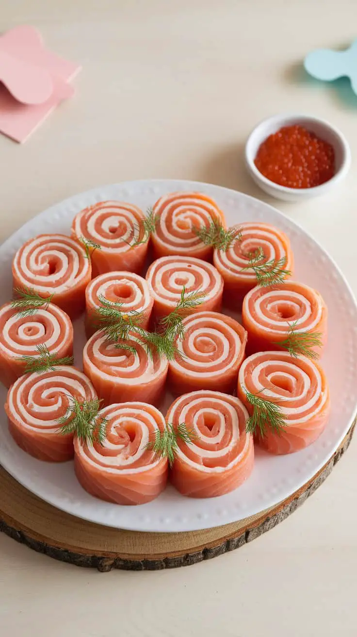 A platter of smoked salmon and cream cheese pinwheels, garnished with fresh dill and served with a side of caviar.