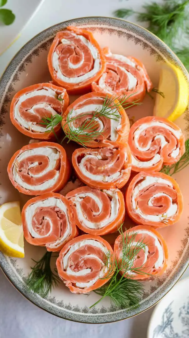 A plate of smoked salmon and cream cheese pinwheels garnished with dill and lemon slices.