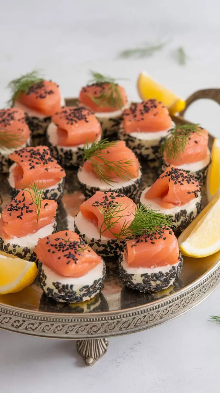 A platter of smoked salmon and dill keto egg bites garnished with lemon wedges.