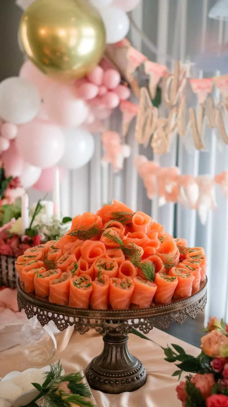 A beautifully arranged platter of smoked salmon and dill pinwheels, featuring vibrant colors and a festive backdrop.